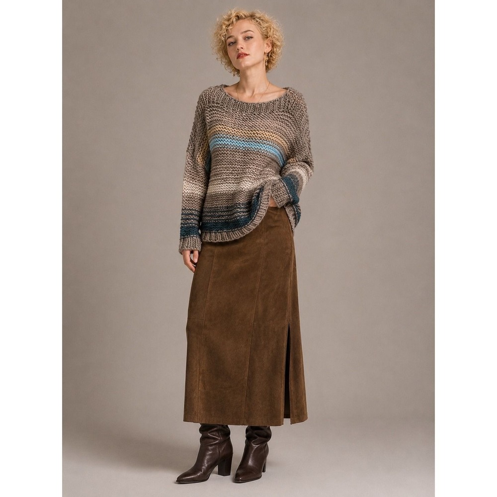 Free People Chunky Knit Cotton Striped Oversized Sweater Brown Blue XS/S EUC